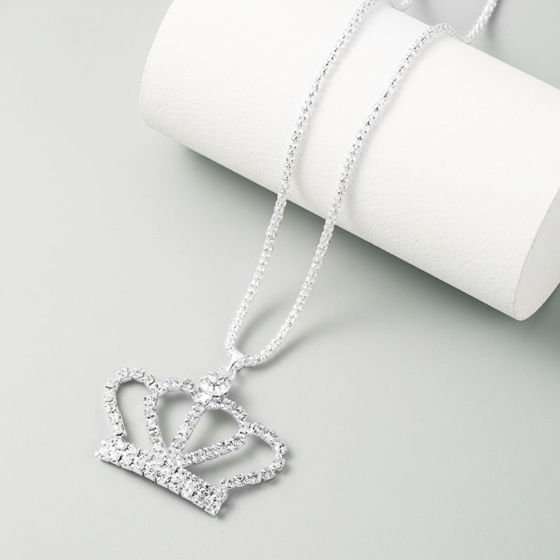 fashion all-match full diamond crown hollow lady pendant necklace long diamond sweater chain