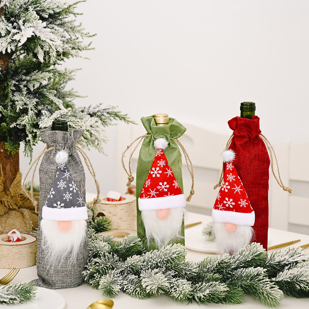 Wholesale Christmas Decorations Forest Elderly Linen Wine Bottle Bags