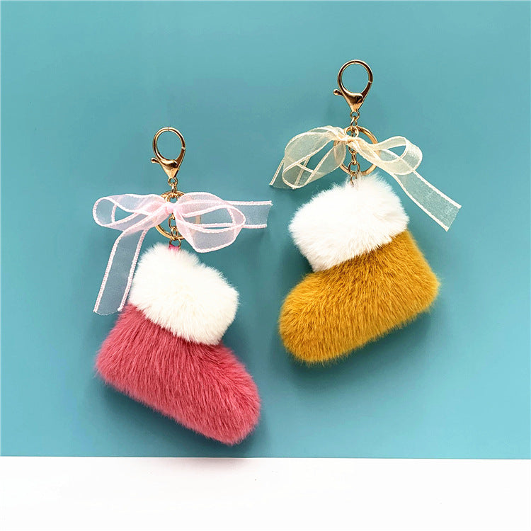 Wholesale Christmas boots keychain cute bow bag pendant cartoon plush car keychain