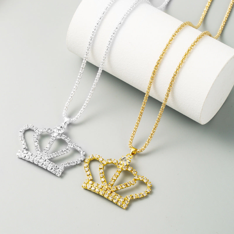 fashion all-match full diamond crown hollow lady pendant necklace long diamond sweater chain