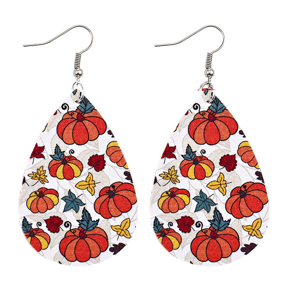 Wholesale Thanksgiving Pumpkin Autumn Maple Leaf Reversible Print Leather Earrings