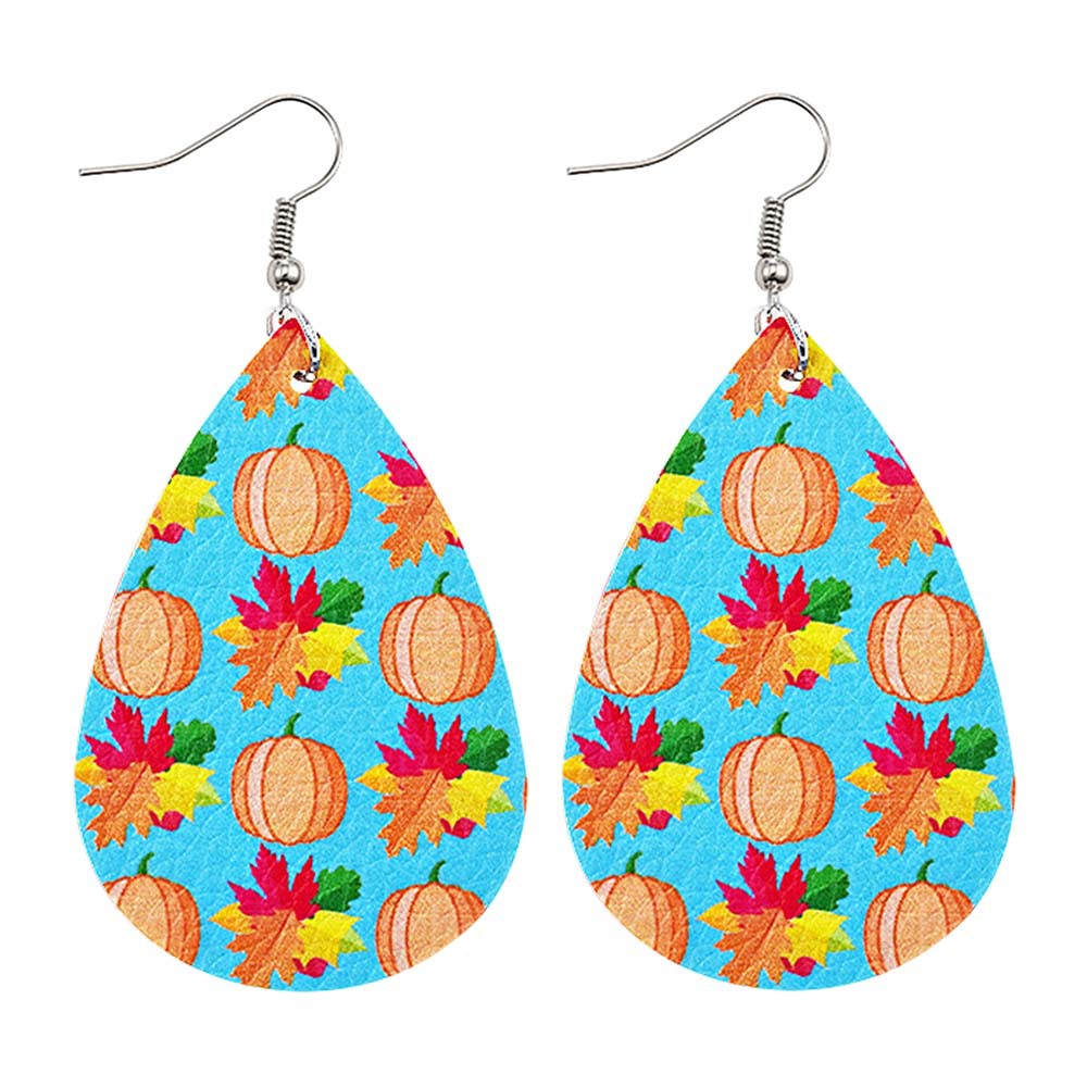 Wholesale Thanksgiving Pumpkin Autumn Maple Leaf Reversible Print Leather Earrings
