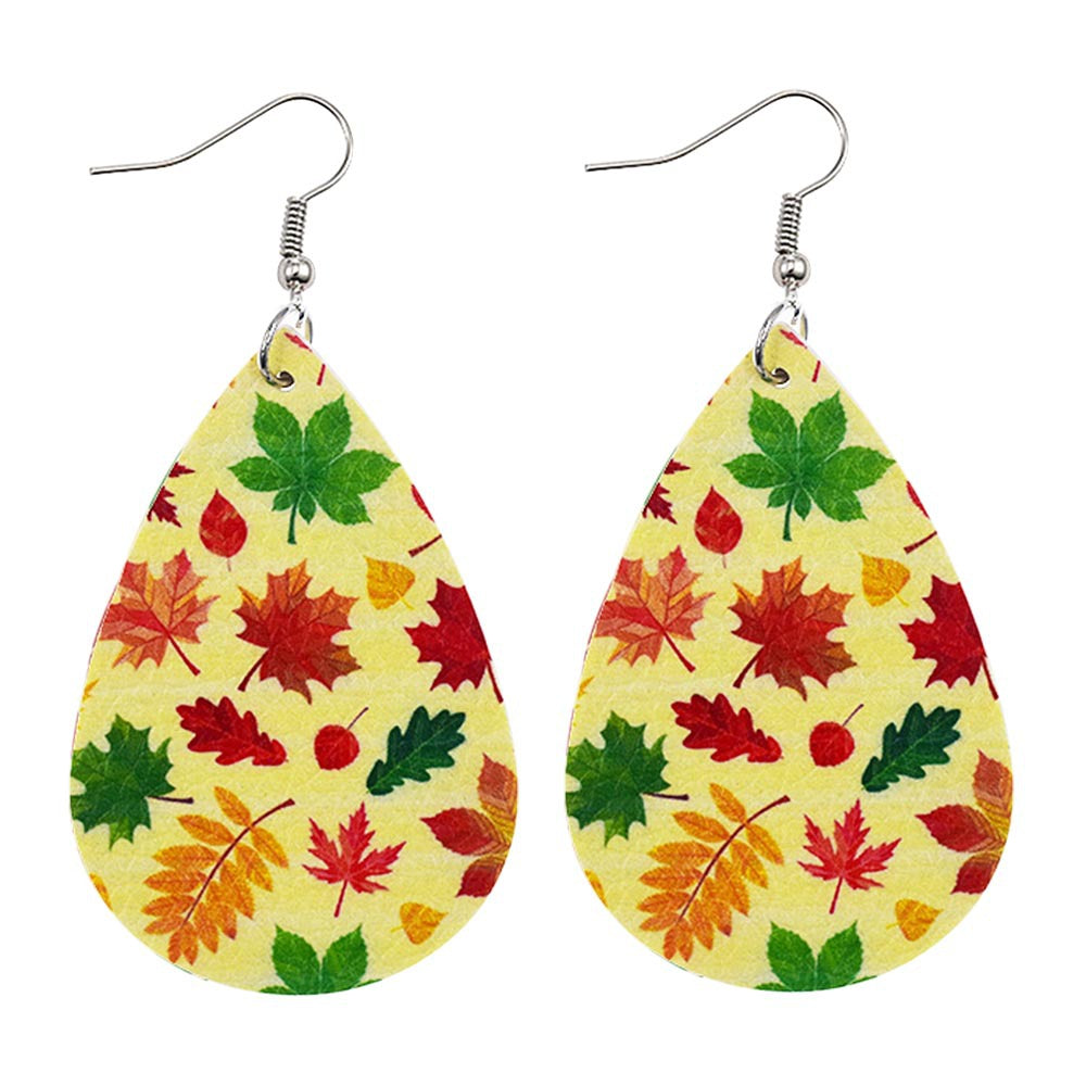 Wholesale Thanksgiving Pumpkin Autumn Maple Leaf Reversible Print Leather Earrings