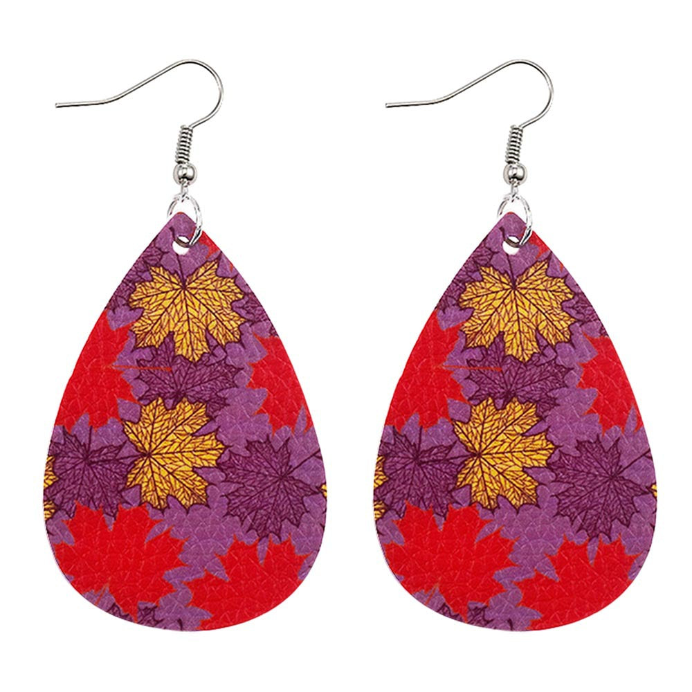 Wholesale Thanksgiving Pumpkin Autumn Maple Leaf Reversible Print Leather Earrings