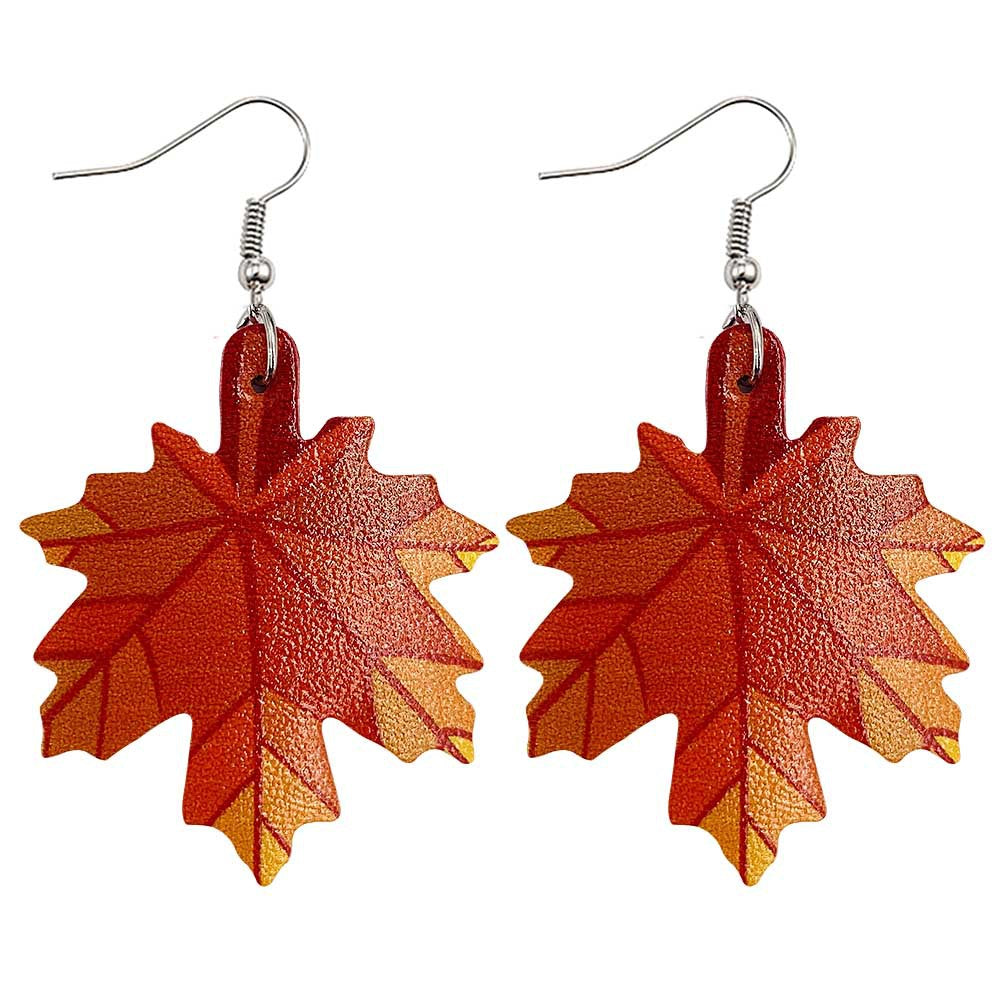 Wholesale Thanksgiving Pumpkin Autumn Maple Leaf Reversible Print Leather Earrings