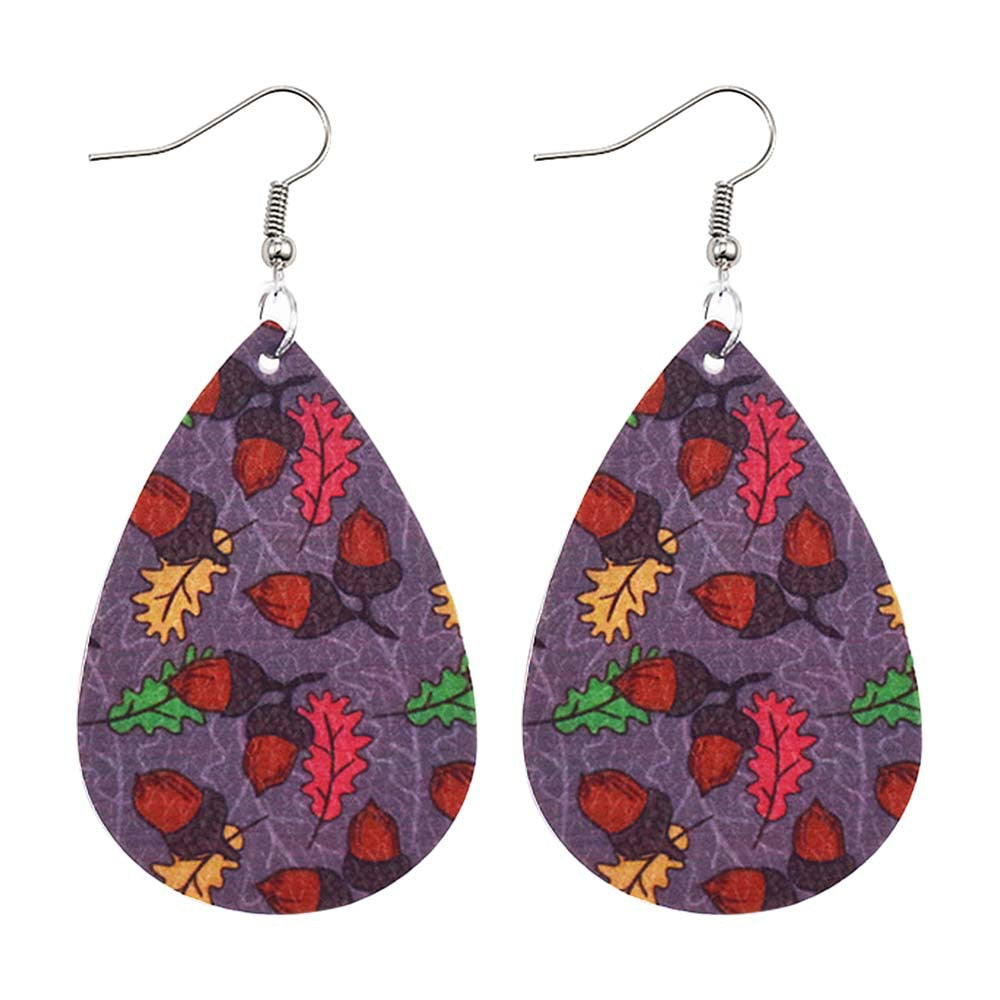 Wholesale Thanksgiving Pumpkin Autumn Maple Leaf Reversible Print Leather Earrings