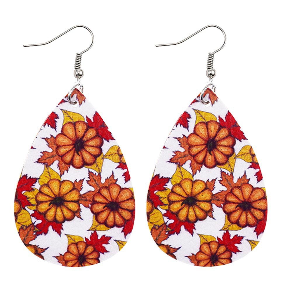 Wholesale Thanksgiving Pumpkin Autumn Maple Leaf Reversible Print Leather Earrings