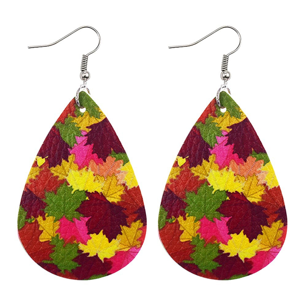 Wholesale Thanksgiving Pumpkin Autumn Maple Leaf Reversible Print Leather Earrings