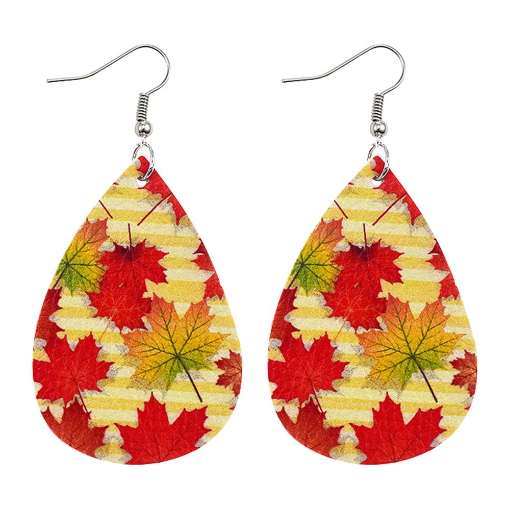 Wholesale Thanksgiving Pumpkin Autumn Maple Leaf Reversible Print Leather Earrings