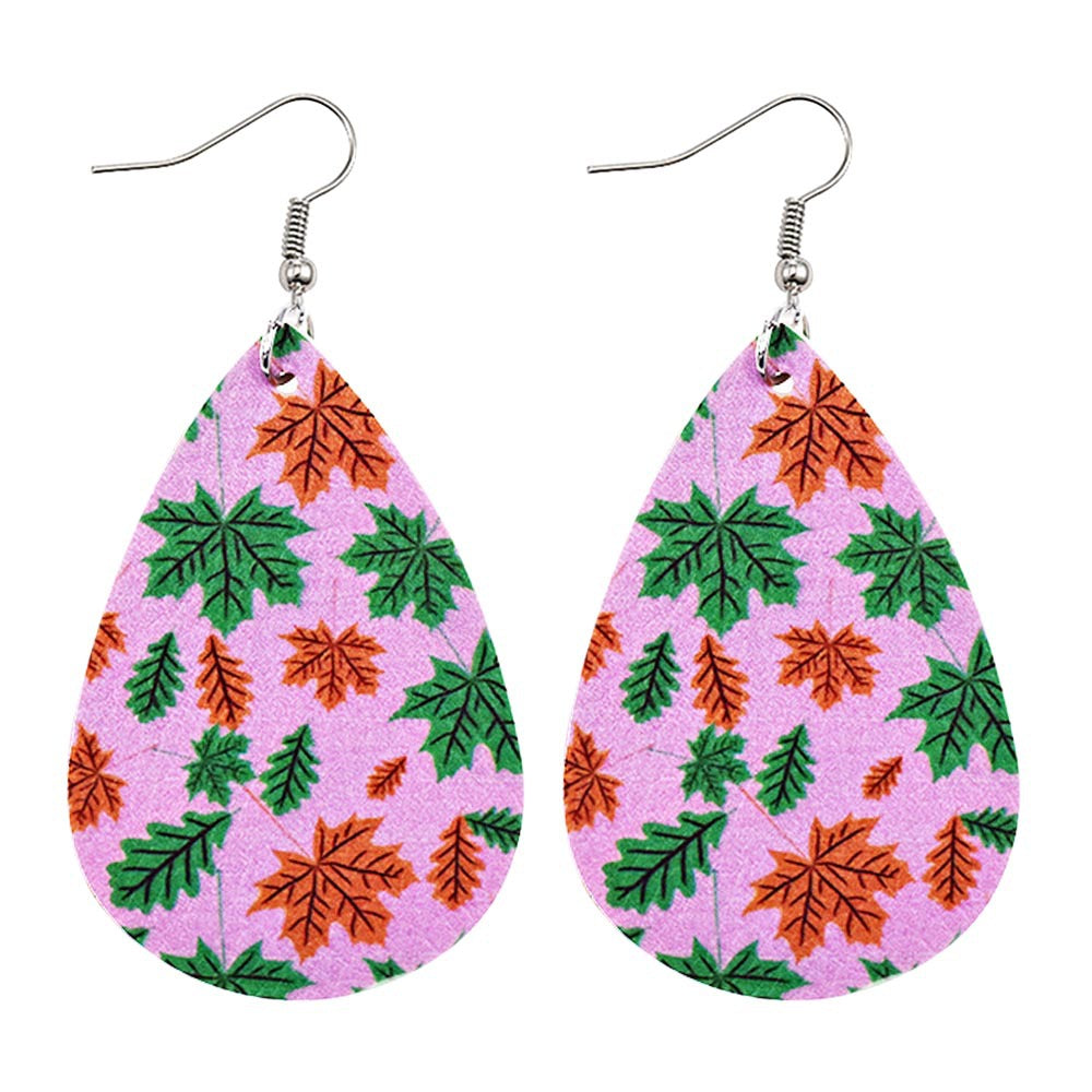 Wholesale Thanksgiving Pumpkin Autumn Maple Leaf Reversible Print Leather Earrings