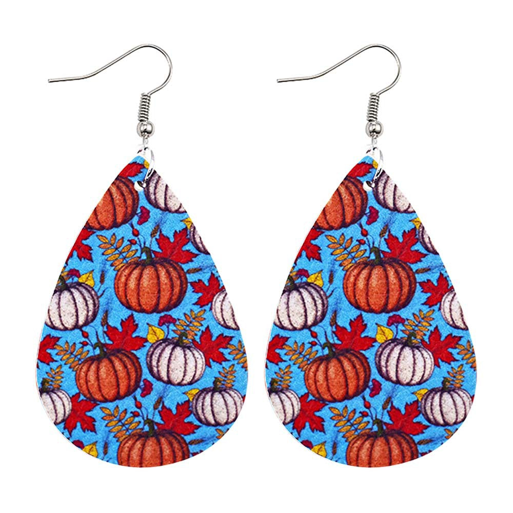 Wholesale Thanksgiving Pumpkin Autumn Maple Leaf Reversible Print Leather Earrings