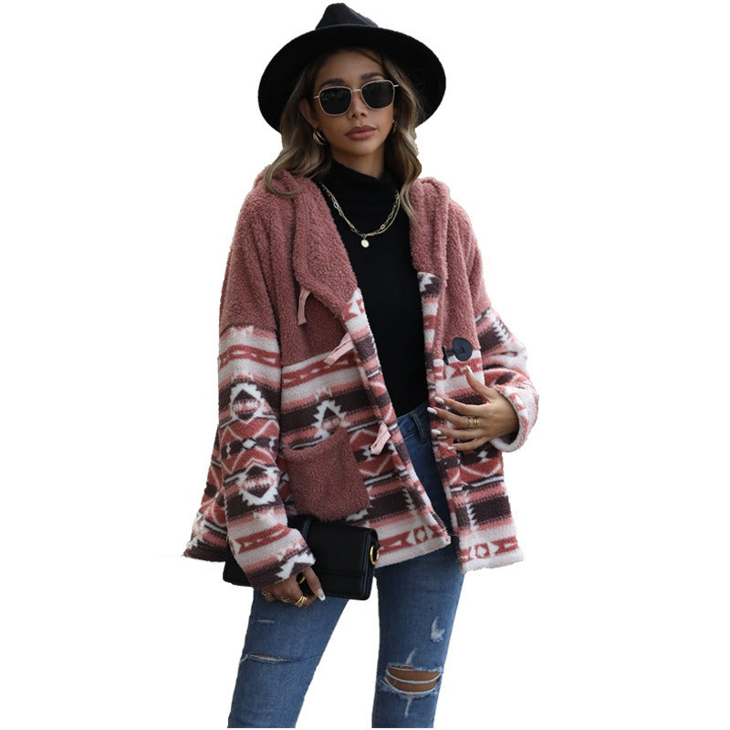Wholesale Western Style Women's Hooded Long Sleeve Horn Button Mid-Length Reversible Austrian Velvet Jacket