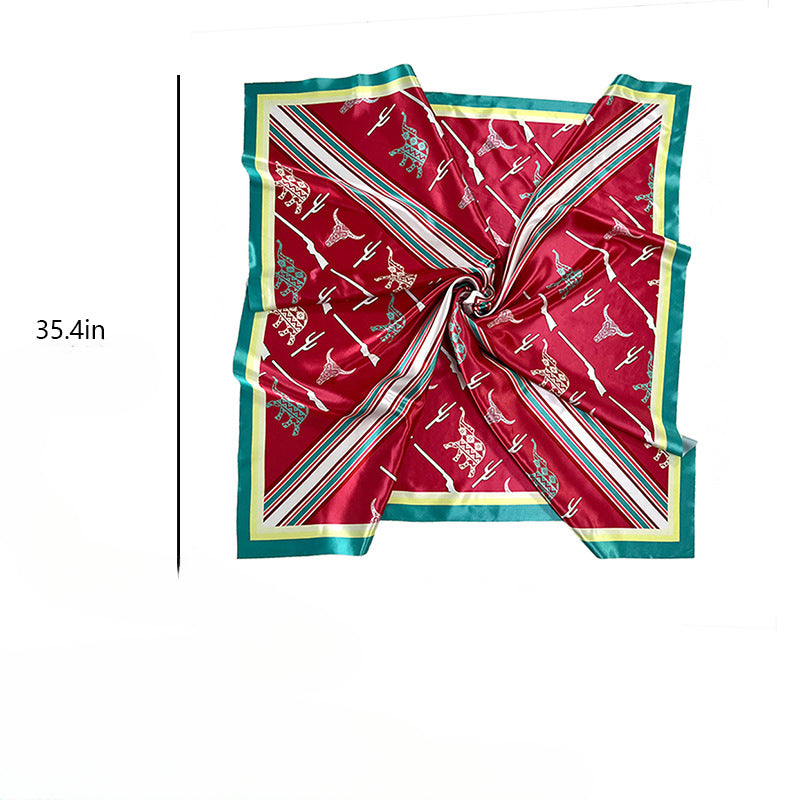 Wholesale Fashion Printed Bull Elephant Cactus Large Square Scarf Silky Scarf