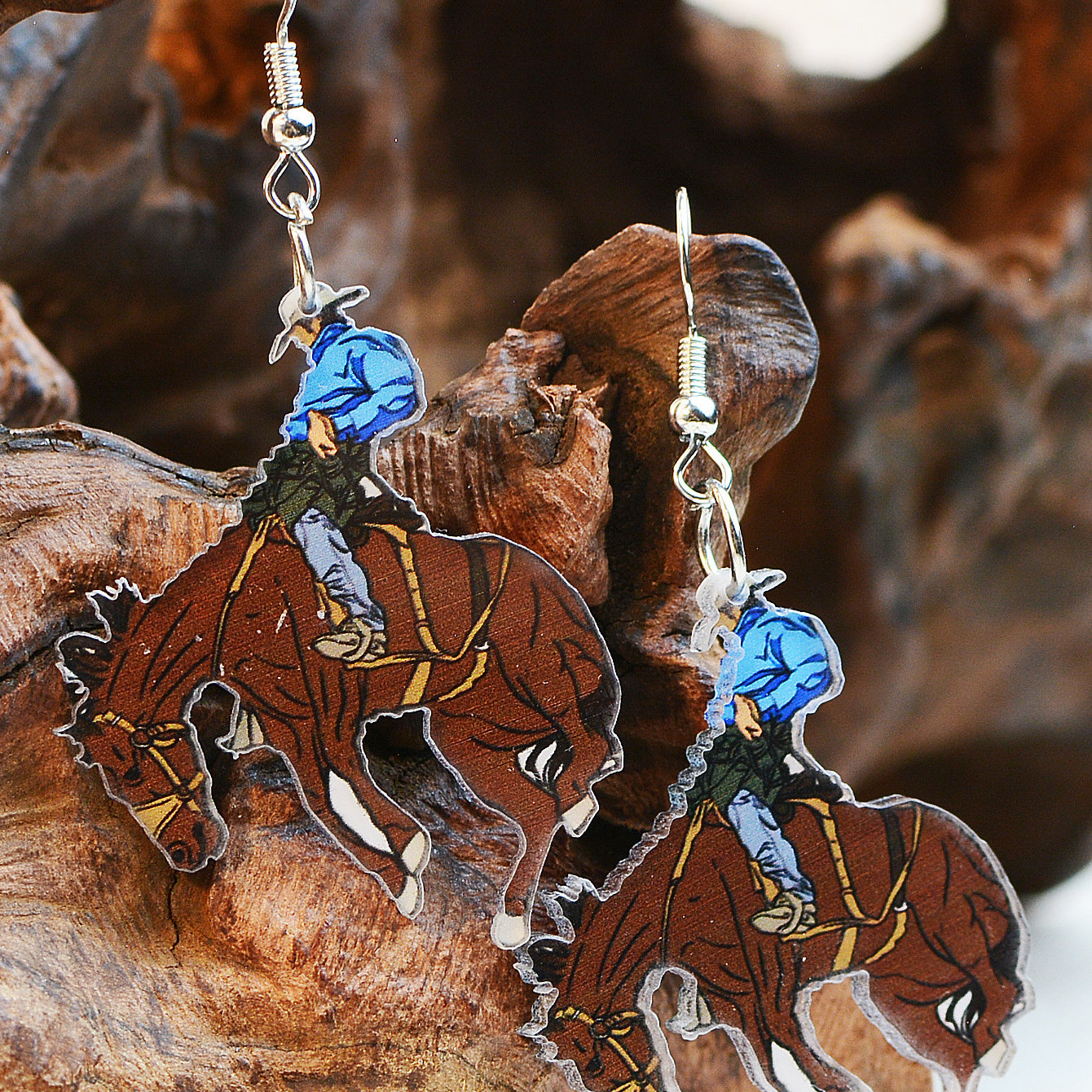 Wholesale Western Style Denim Horse Riding Acrylic Earrings
