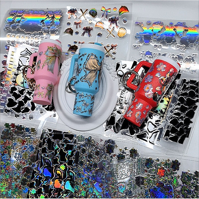 Wholesale Holographic Stickers Random 20/50/100pcs Cartoon Pattern Mini Travel  Cup Stickerlaser wraps
