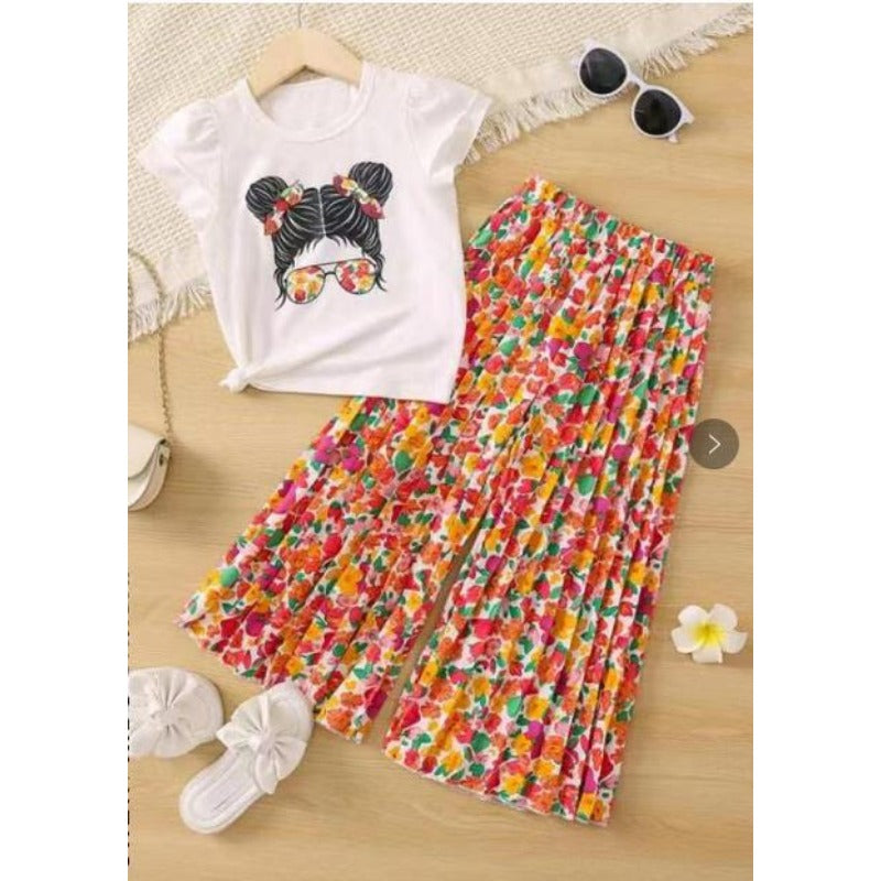 Wholesale Cartoon Avatar Short Sleeved and Wide Leg Pants Casual Polyester Two-piece Set