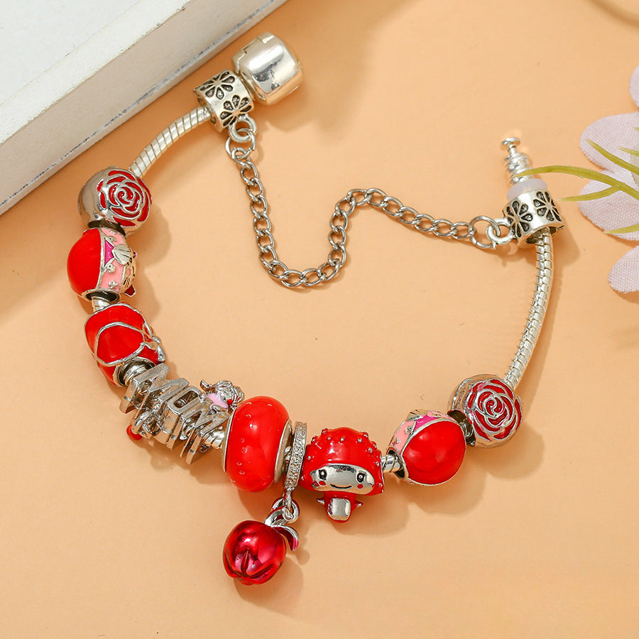 Wholesale Red Apple and Strawberry Cat and MOM Beaded Alloy Bracelet