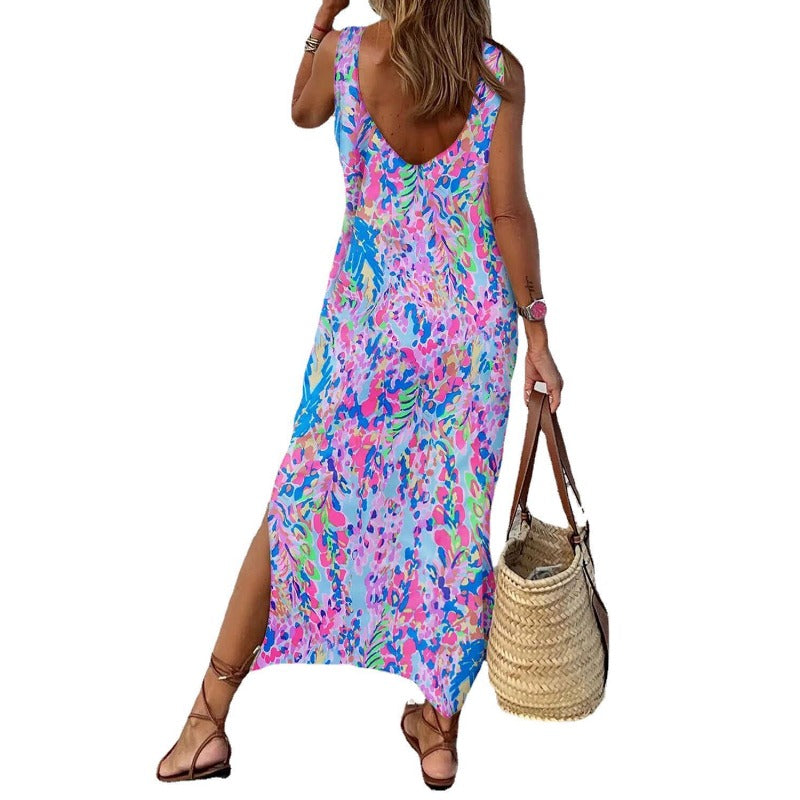 Wholesale Printed Sleeveless Round Neck Pullover Ankle Length Maxi Dress