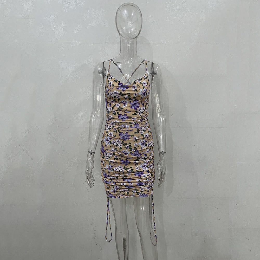 Wholesale Sexy Floral Backless Suspender Shirred Miniskirt