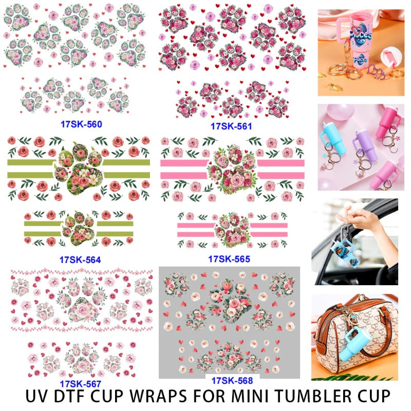 Wholesale 2/4/8 Pcs Cute Dog Paw Prints Colorful Flowers UV DTF Wraps Mini Tumbler Cup Keychain Lipstick Holders