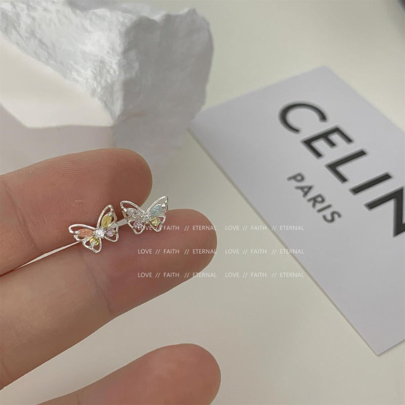 Wholesale 925 Silver Needle Micro Inlaid Zirconia Sweet Mini Pink Blue Small Butterfly Earrings