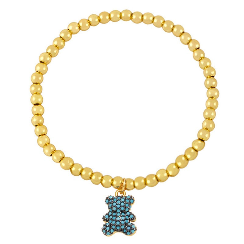 Wholesale Cute Bear Pendant Bracelet Copper Plated 18K Gold Handmade Beaded Elastic Bracelet