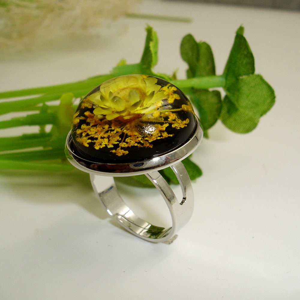 Wholesale 6pcs Handmade Vintage Real Flower Resin Dripping Dried Flower Ring