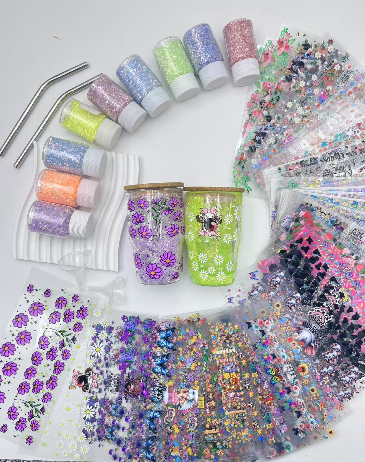 Wholesale Snowgloble 3oz Double Layer Shot Glass One Sets Including One Snowgoble Glass and 3 Boxes Gravel Glitter Filler and One Straw and One Funnel Filling Tool and One Piece Random Style Matching UVdtf Sticker Sets