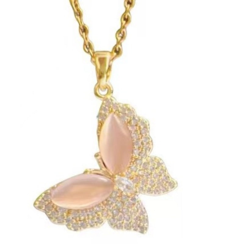 Wholesale Titanium Steel Rainbow Crystal Butterfly Necklaces