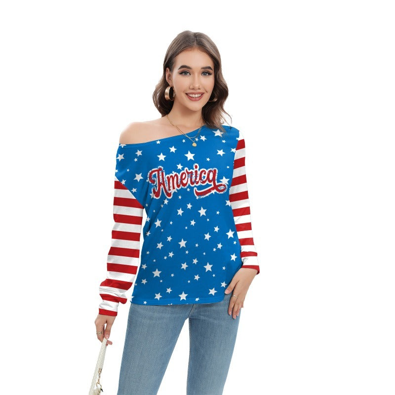 Wholesale Star Stripe Print Independence Day Fashion Off-shoulder Long Sleeve