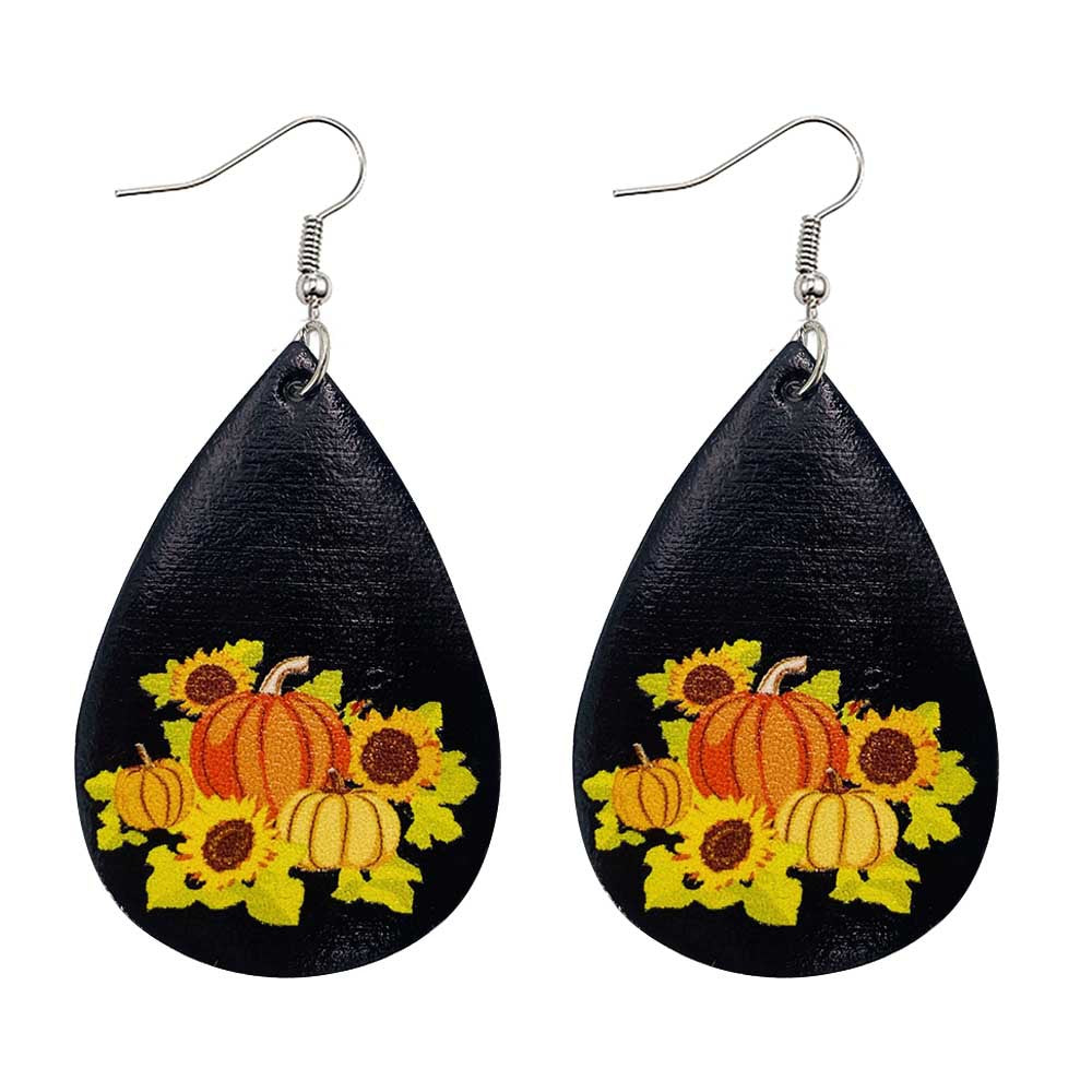 Wholesale Thanksgiving Pumpkin Autumn Maple Leaf Reversible Print Leather Earrings