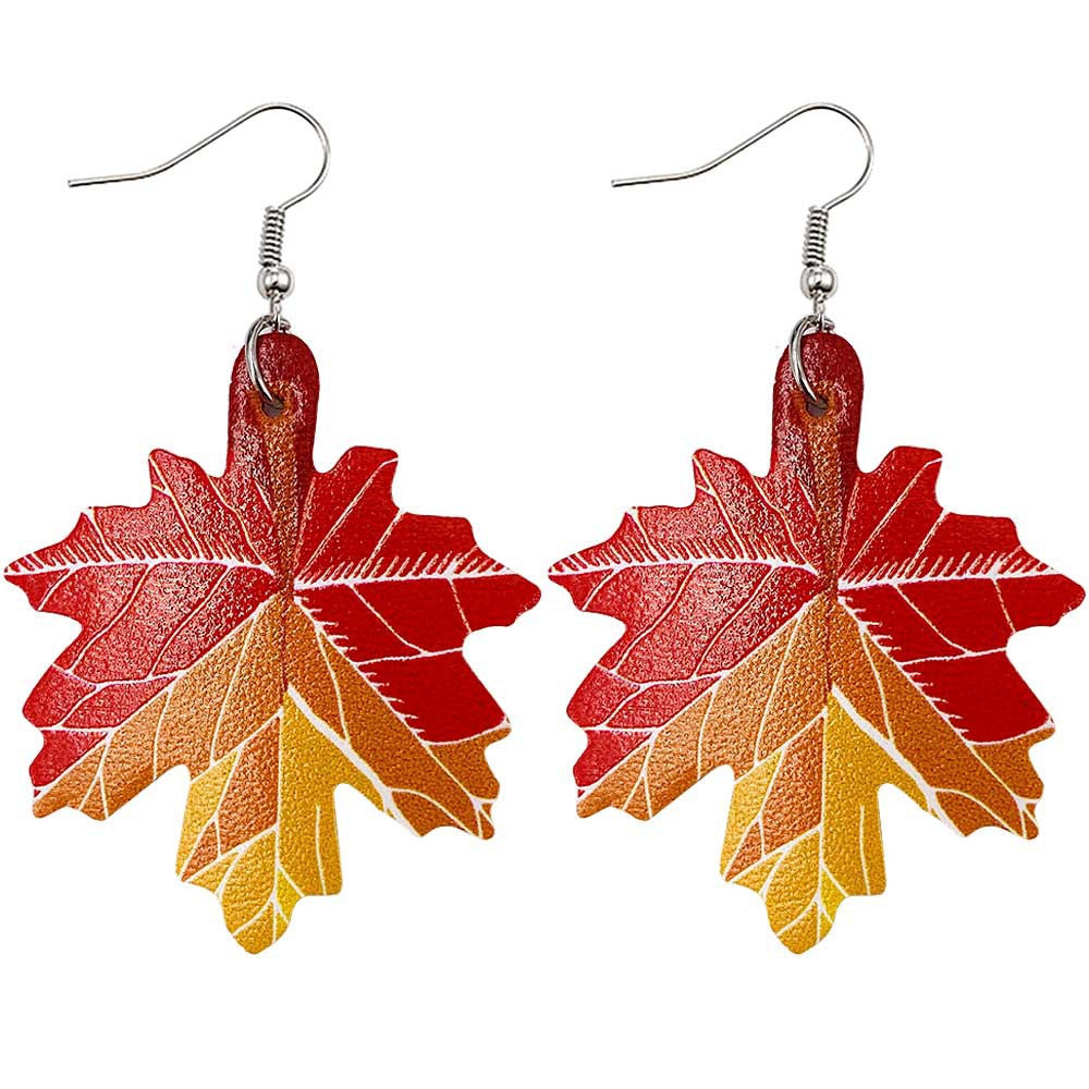 Wholesale Thanksgiving Pumpkin Autumn Maple Leaf Reversible Print Leather Earrings