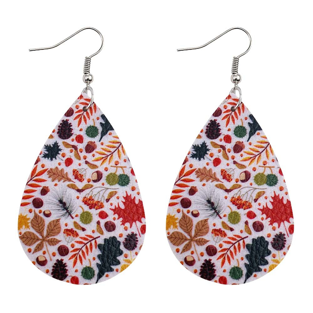 Wholesale Thanksgiving Pumpkin Autumn Maple Leaf Reversible Print Leather Earrings