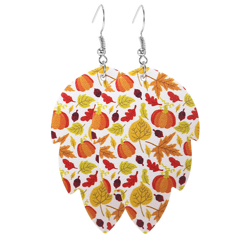 Wholesale Thanksgiving Pumpkin Turkey Festival Skin Maple Leaf PU Earrings