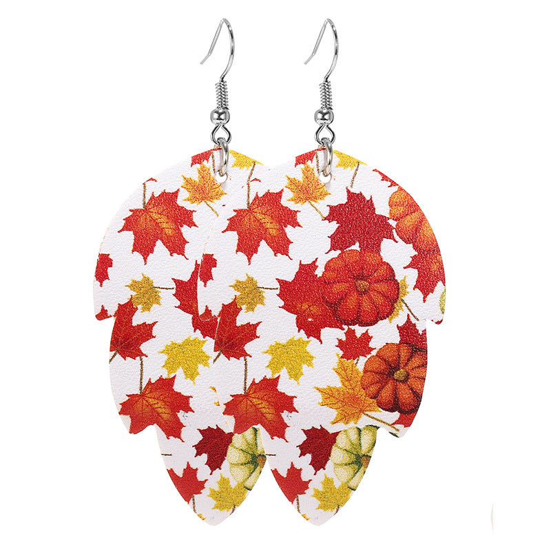Wholesale Thanksgiving Pumpkin Turkey Festival Skin Maple Leaf PU Earrings