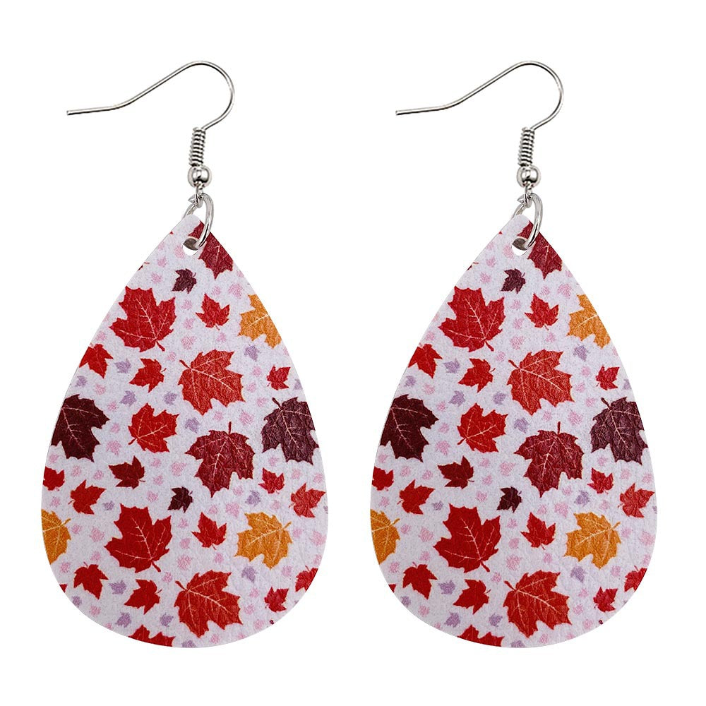 Wholesale Thanksgiving Pumpkin Autumn Maple Leaf Reversible Print Leather Earrings