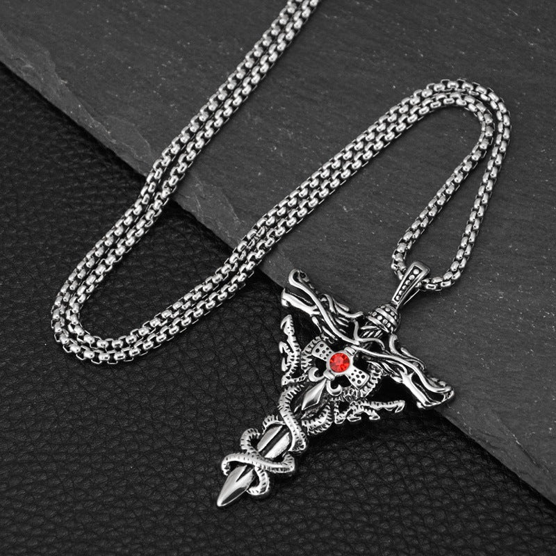 Wholesale Double Dragon Sword Titanium Steel Retro Punk Cross Necklace