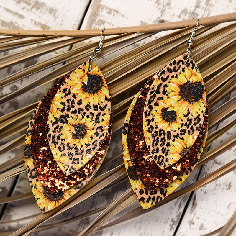 Wholesale Sunflowers, Sunflowers, Three Layer Sequins, Leaf Shaped Earrings, Leather Earrings
