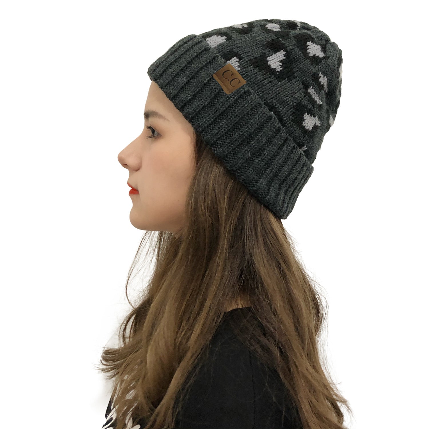 Wholesale Leopard Print Curled Edge Autumn and Winter Warm Wool Knitted Hat