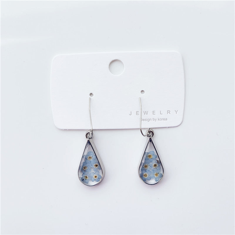 Wholesale 6pcs Fashion Water Drop Shape Dried Flower Blue Forget-me-not Real Flower Earrings