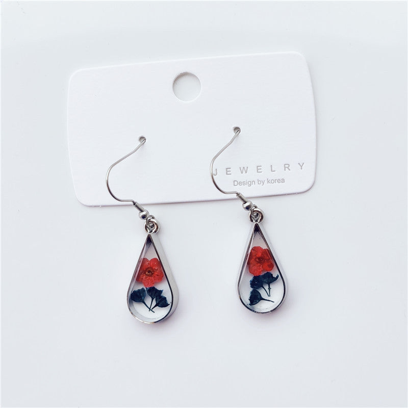 Wholesale 6pcs Teardrop Shaped Handmade Dripping Resin Natural Real Flower Earrings