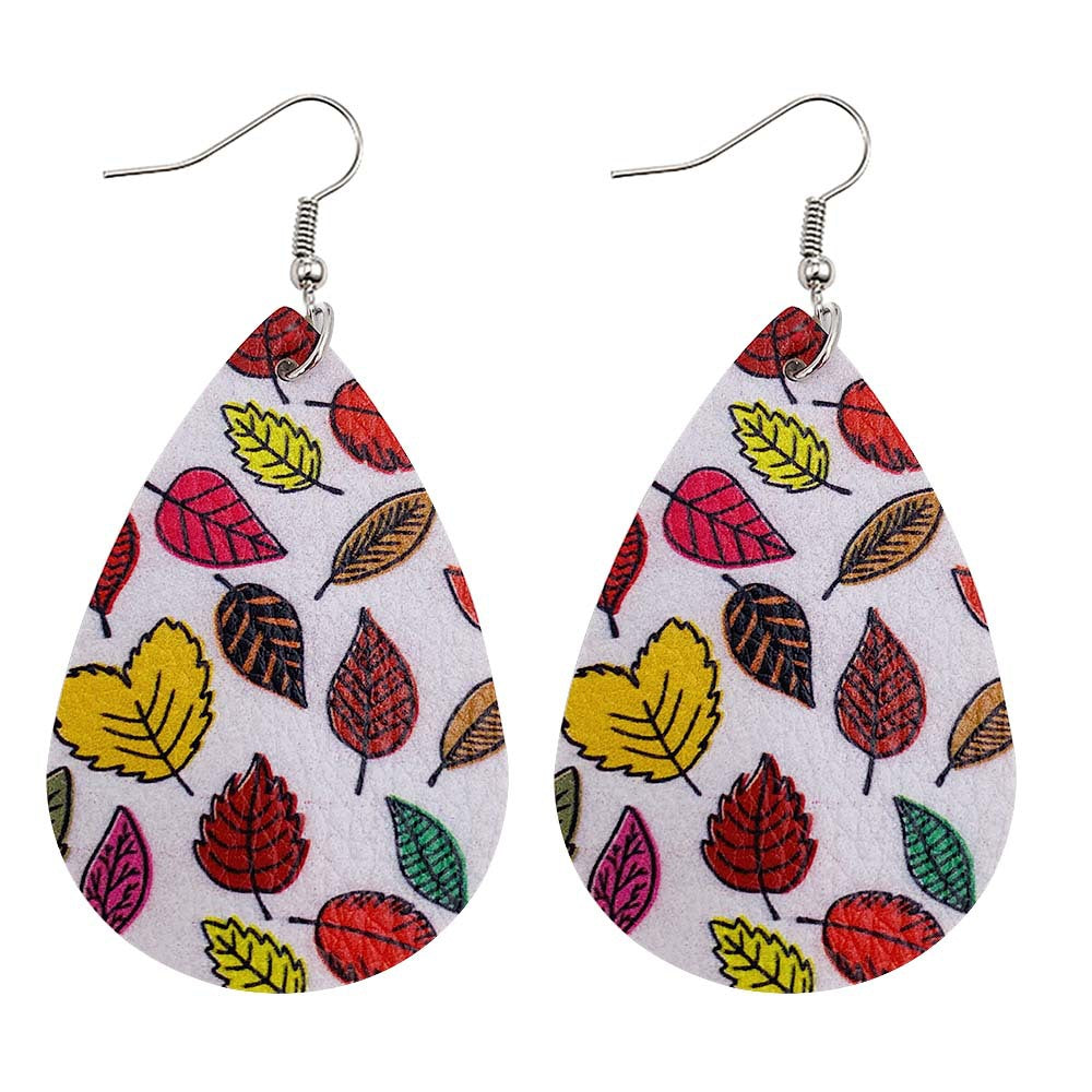 Wholesale Thanksgiving Pumpkin Autumn Maple Leaf Reversible Print Leather Earrings