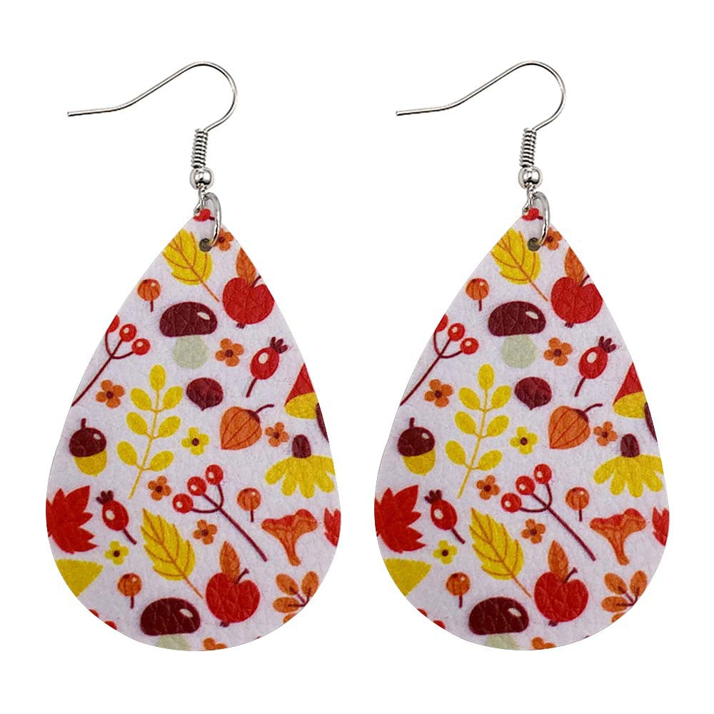 Wholesale Thanksgiving Pumpkin Autumn Maple Leaf Reversible Print Leather Earrings