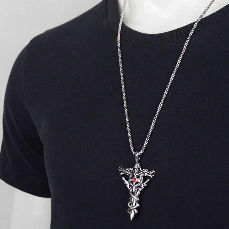 Wholesale Double Dragon Sword Titanium Steel Retro Punk Cross Necklace
