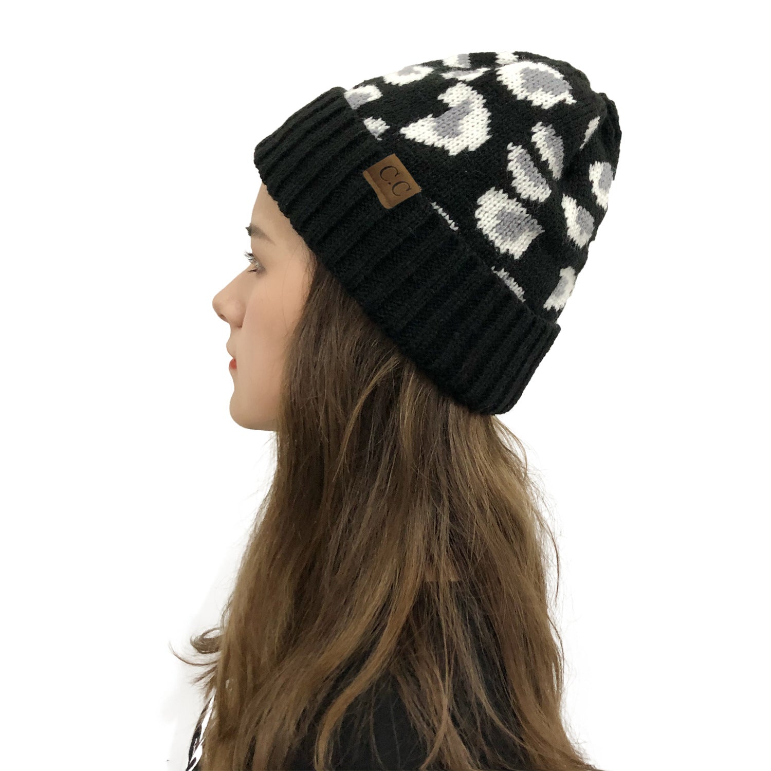 Wholesale Leopard Print Curled Edge Autumn and Winter Warm Wool Knitted Hat