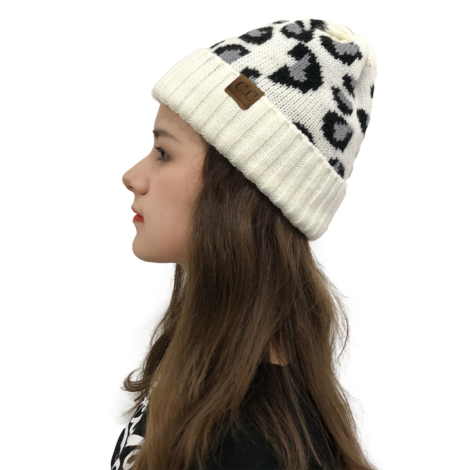 Wholesale Leopard Print Curled Edge Autumn and Winter Warm Wool Knitted Hat