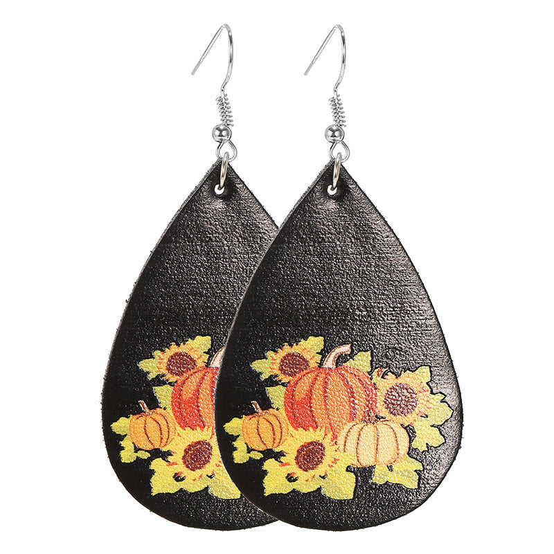 Wholesale Thanksgiving Pumpkin Turkey Festival Skin Maple Leaf PU Earrings