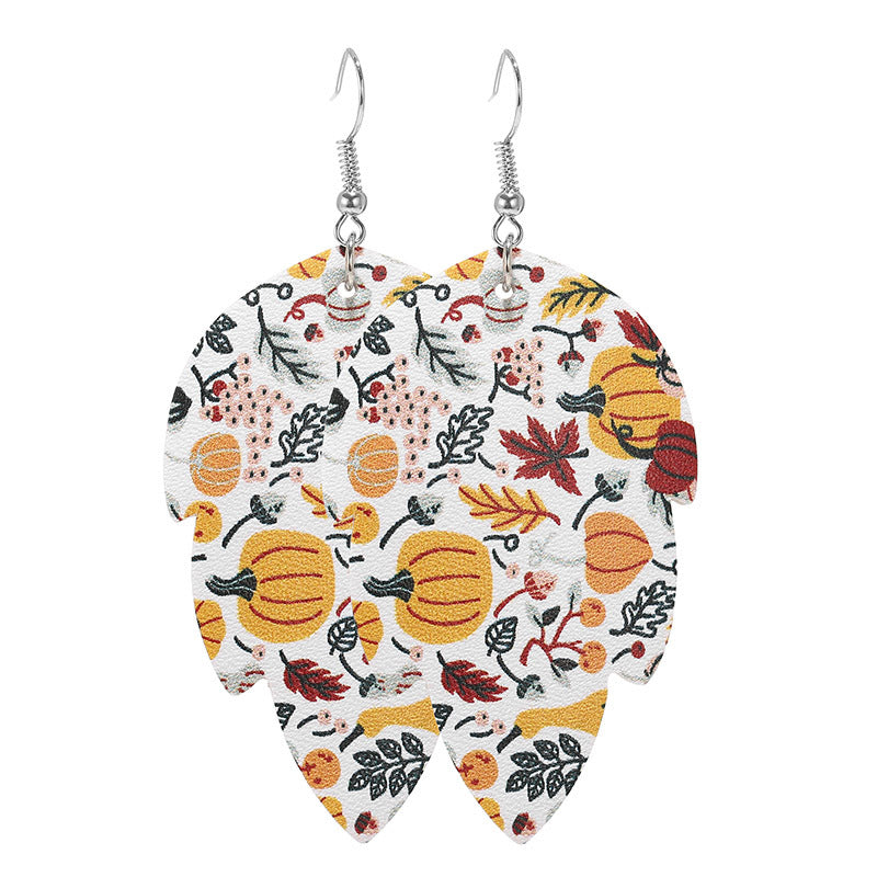 Wholesale Thanksgiving Pumpkin Turkey Festival Skin Maple Leaf PU Earrings