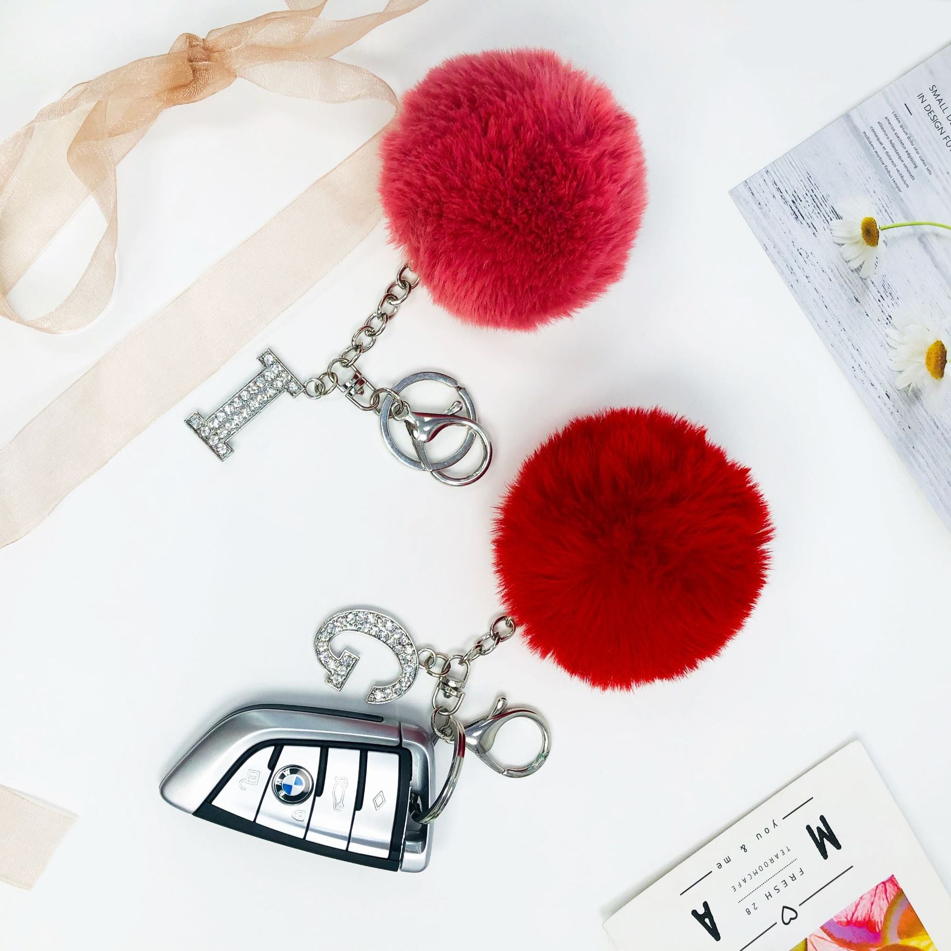Wholesale Diamond Alloy Letter Fur Ball Keychain