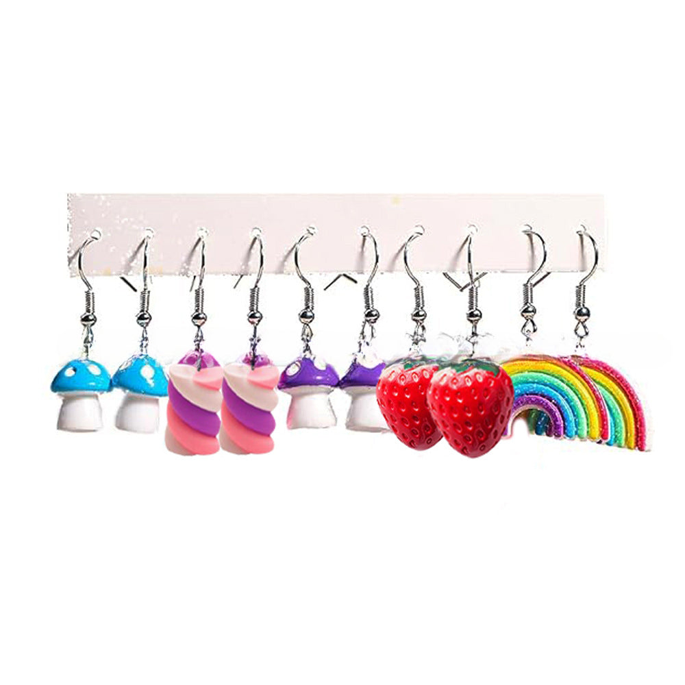 Wholesale 5pcs/pack Hot Sale Sweet Cool Creative Resin  Flowers, Strawberry Mushroom Drink Bottle, Small Cake Earrings Set